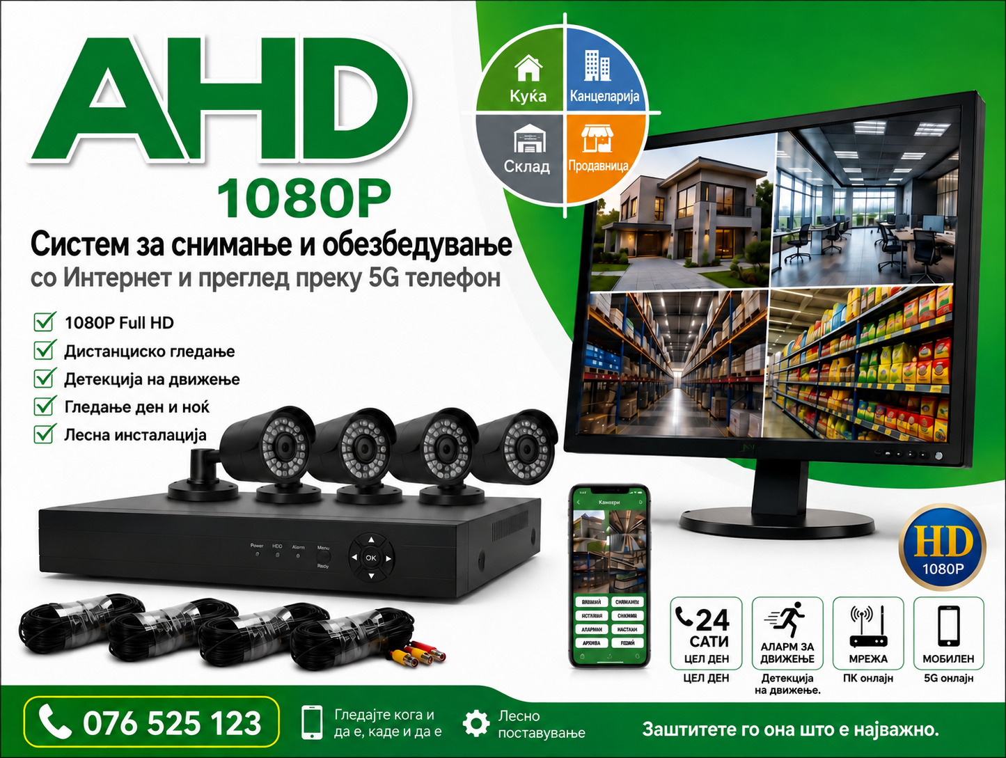 CCTV комплет со четири камери, база и продолжни кабли — приказ на употреба